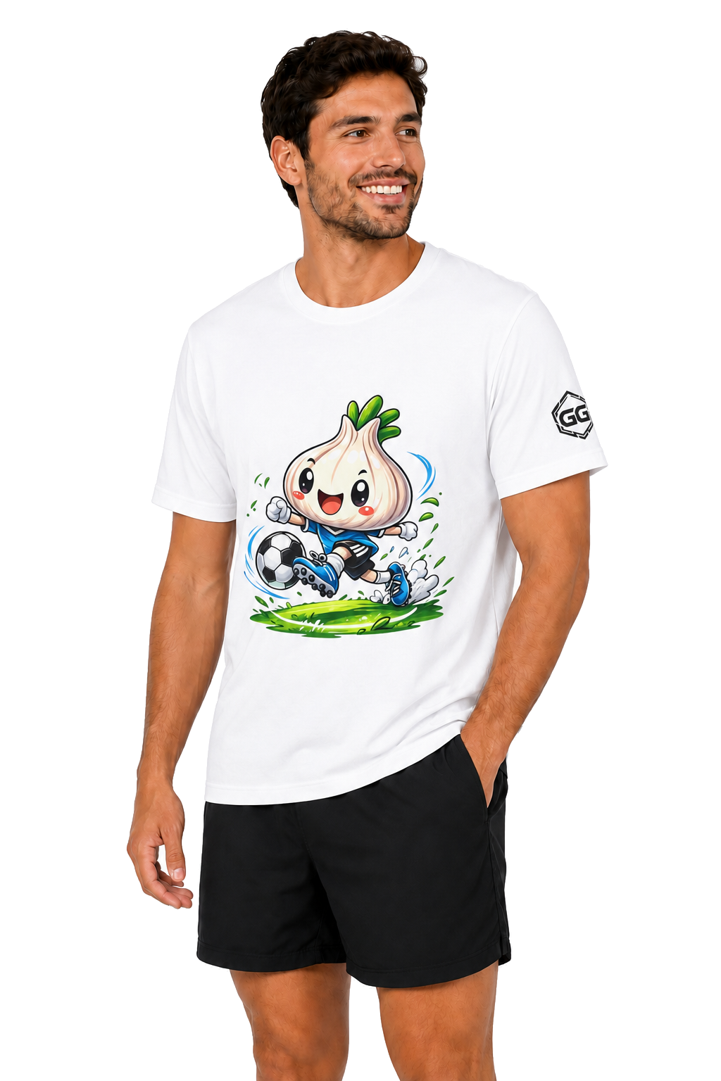model:0:m | Garlic Soccer Player T-Shirt – Model photo in White – Man