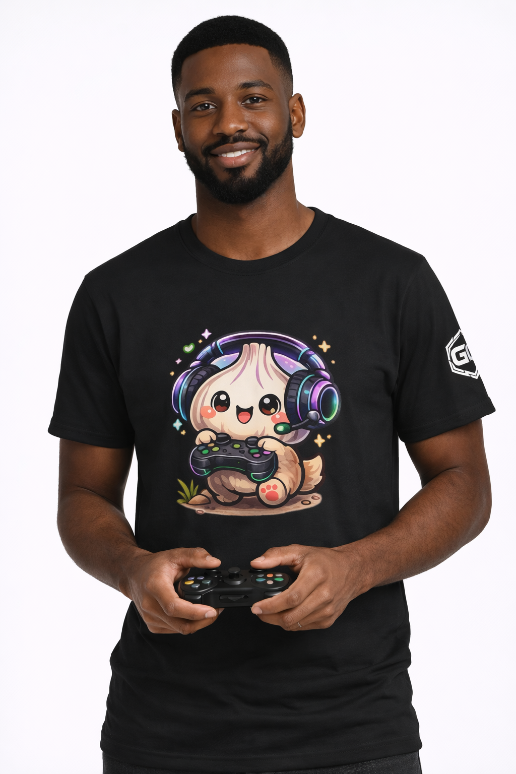 model:1:m | Knoblauch Gamer – Lustiges Gaming T-Shirt – Modelfoto in Schwarz – Mann