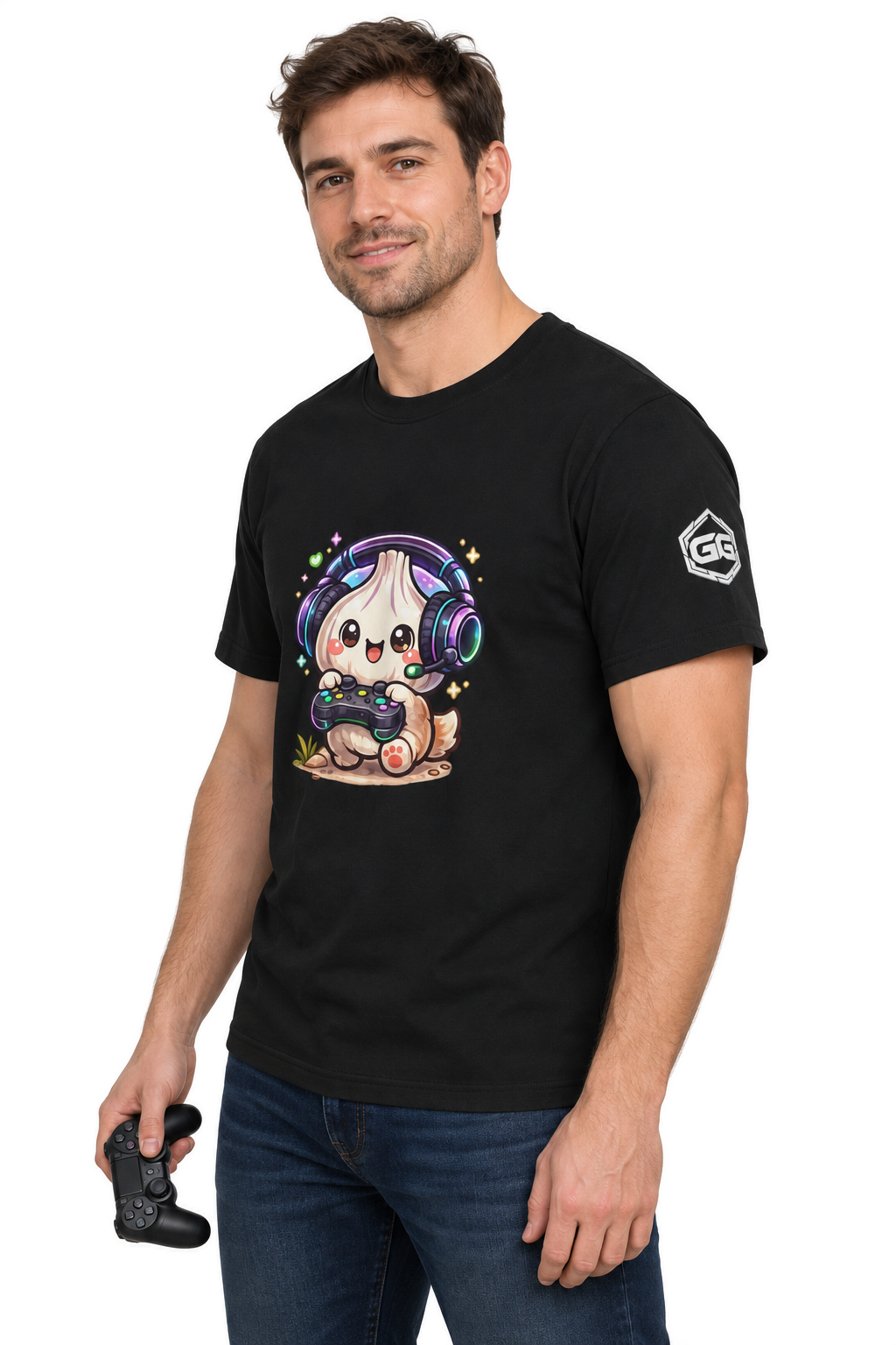 model:1:m | Knoblauch Gamer – Lustiges Gaming T-Shirt – Modelfoto in Schwarz – Mann
