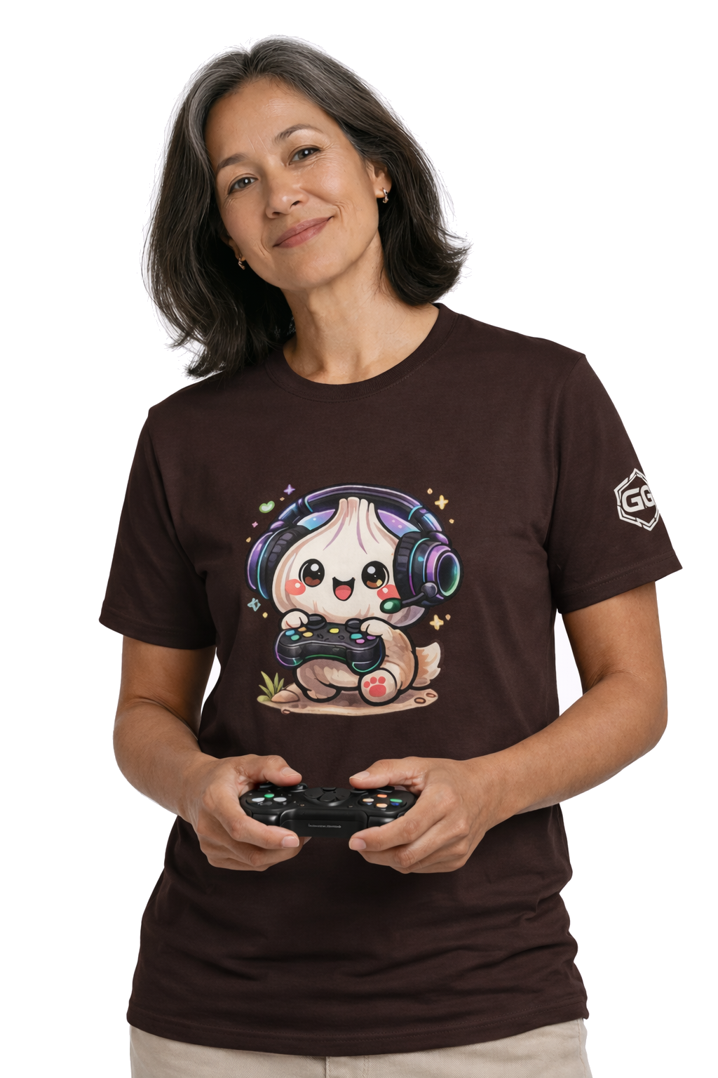 model:3:f | Knoblauch Gamer – Lustiges Gaming T-Shirt – Modelfoto in Dunkelbraun – Frau
