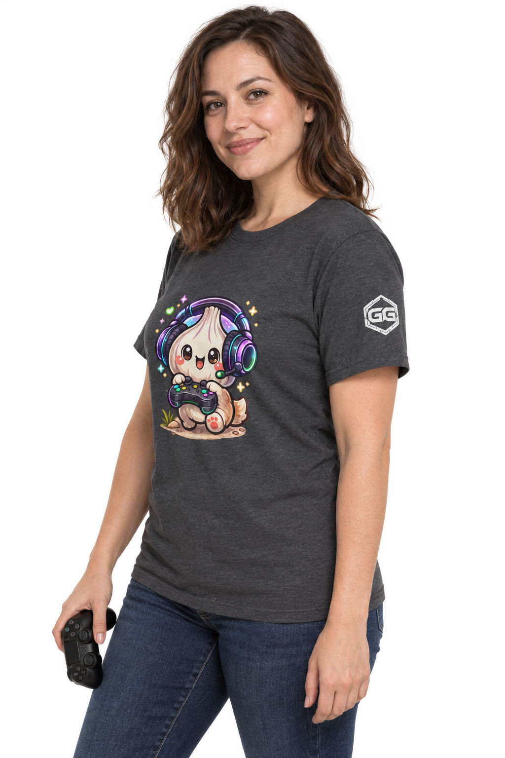 model:6:f | Knoblauch Gamer – Lustiges Gaming T-Shirt – Modelfoto in Dunkelmeliert – Frau
