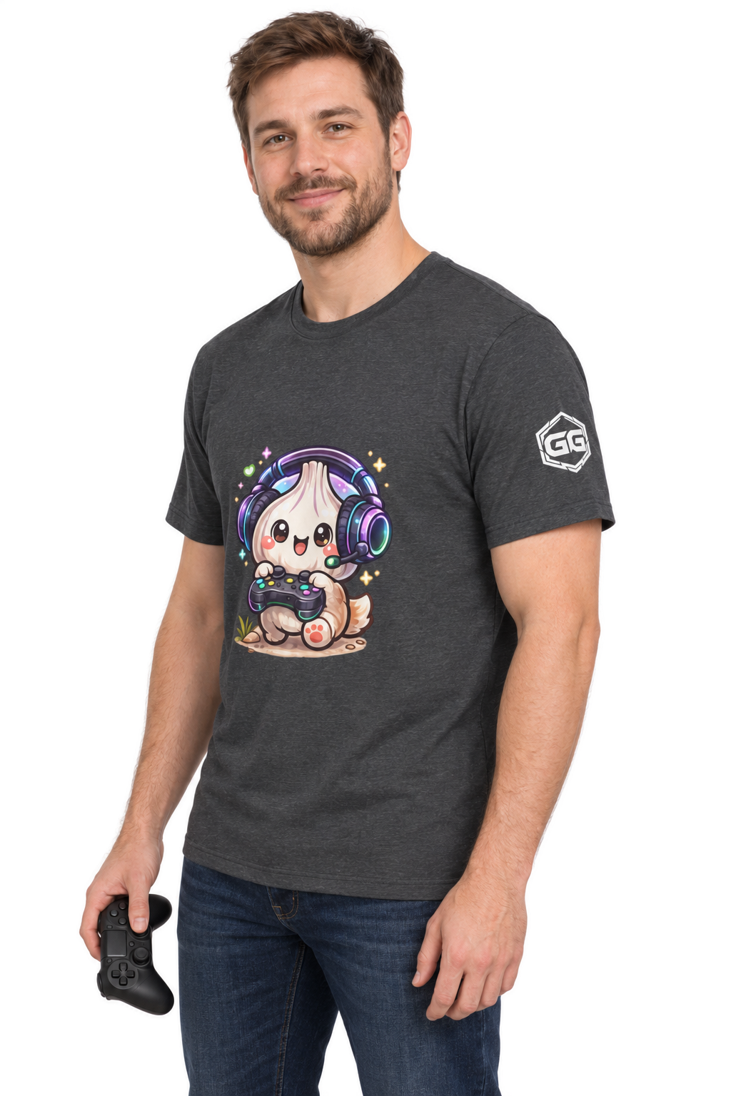 model:6:m | Knoblauch Gamer – Lustiges Gaming T-Shirt – Modelfoto in Dunkelmeliert – Mann