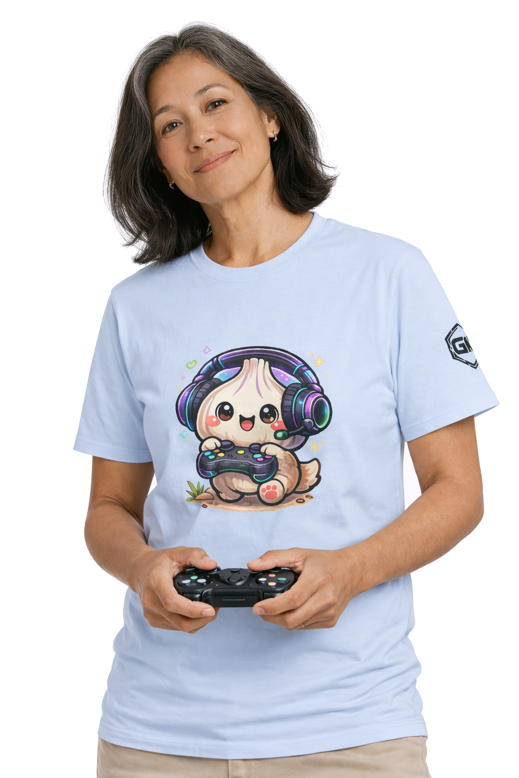model:7:f | Knoblauch Gamer – Lustiges Gaming T-Shirt – Modelfoto in Hellblau – Frau