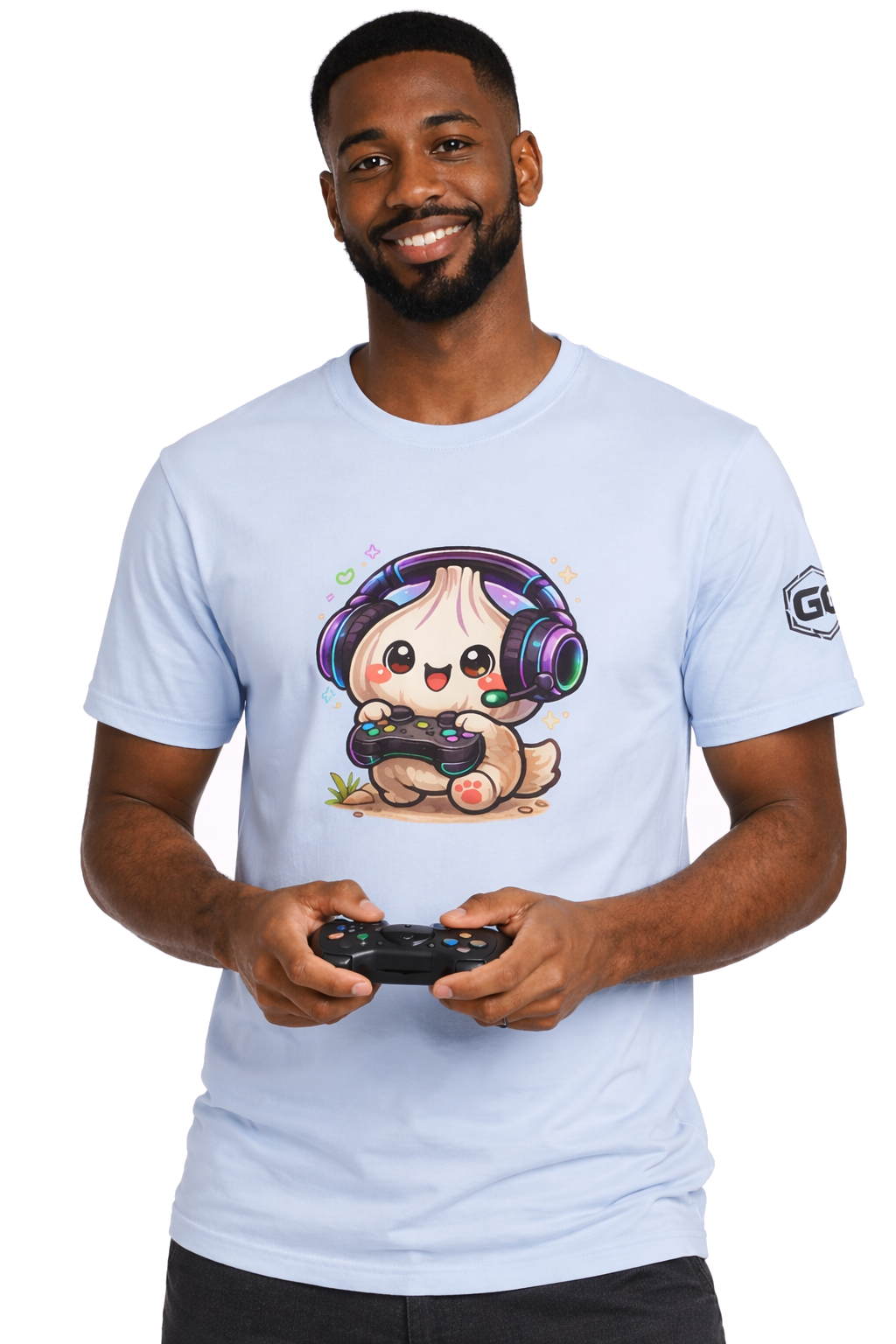 model:7:m | Knoblauch Gamer – Lustiges Gaming T-Shirt – Modelfoto in Hellblau – Mann