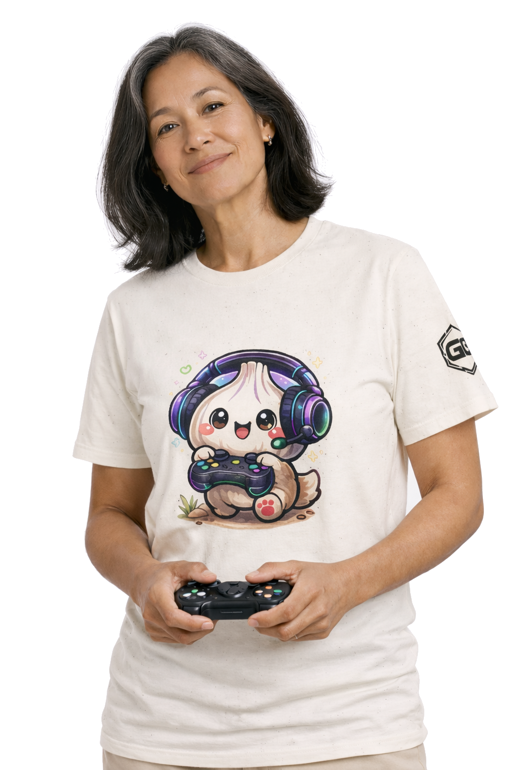 model:4:f | Knoblauch Gamer – Lustiges Gaming T-Shirt – Modelfoto in Natur – Frau