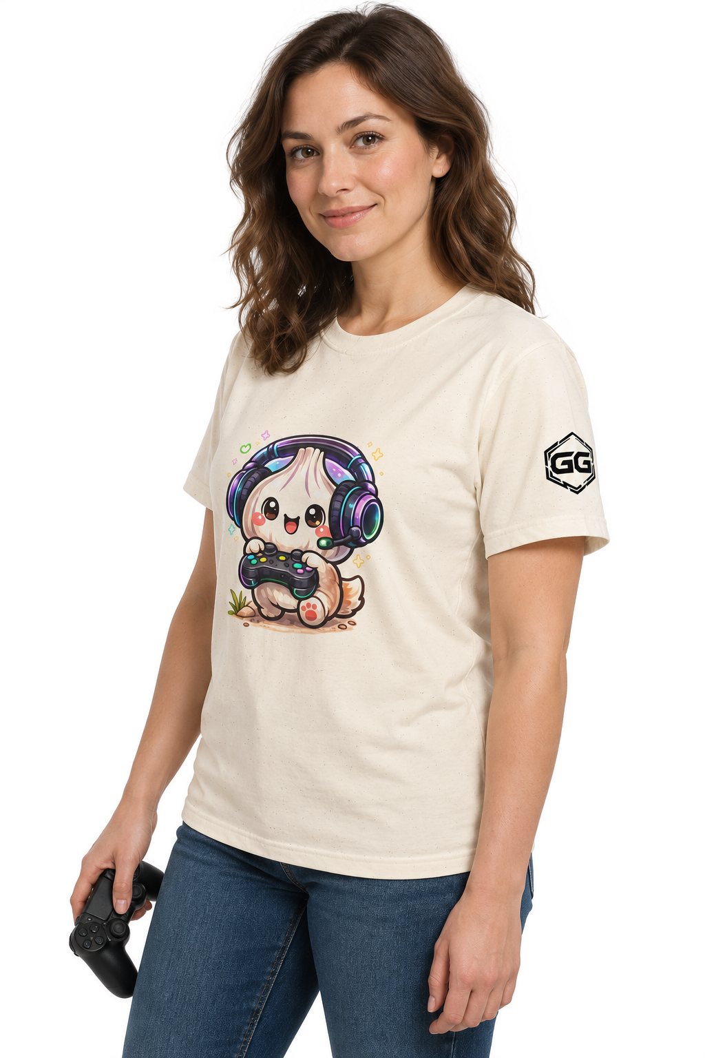 model:4:f | Knoblauch Gamer – Lustiges Gaming T-Shirt – Modelfoto in Natur – Frau