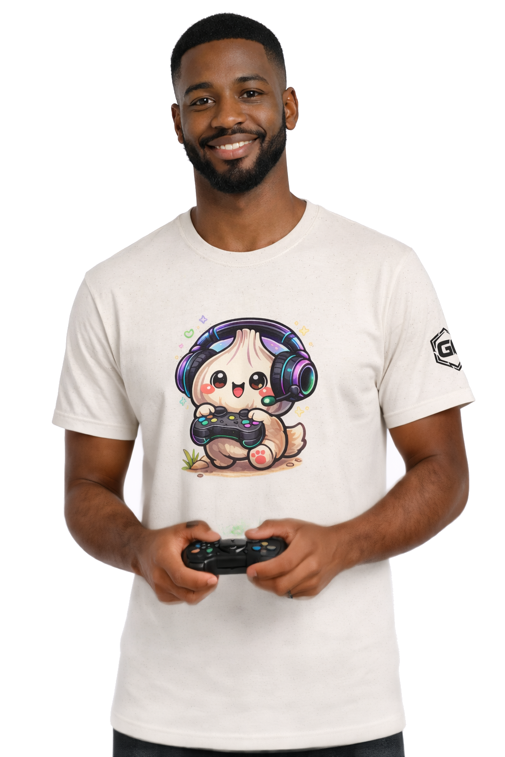 model:4:m | Knoblauch Gamer – Lustiges Gaming T-Shirt – Modelfoto in Natur – Mann