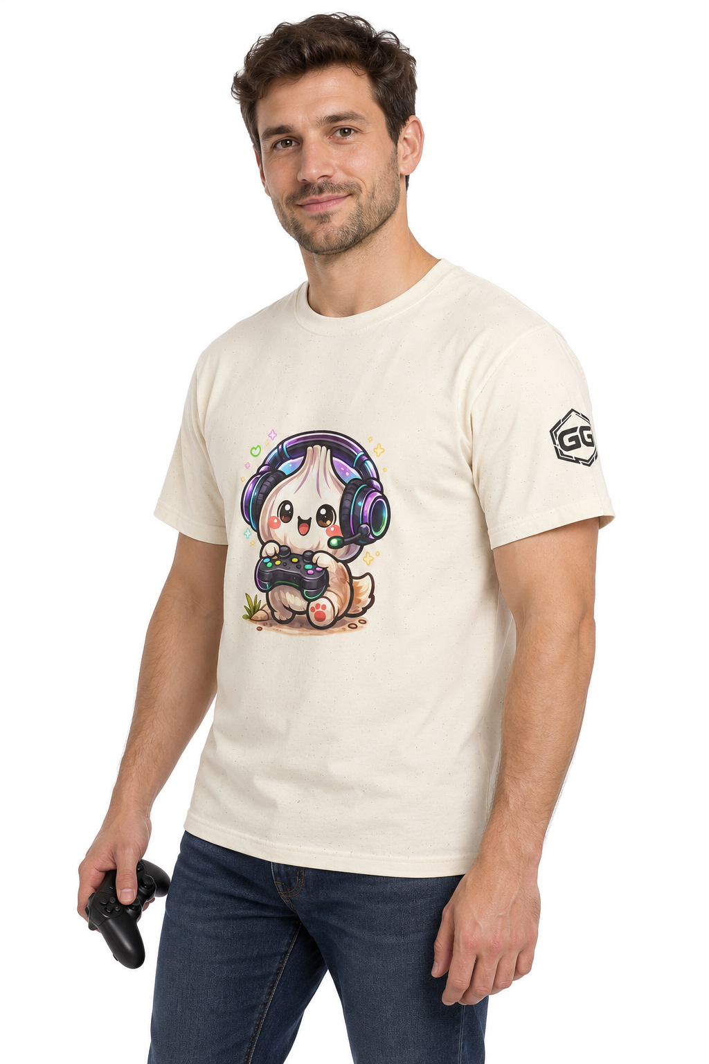 model:4:m | Knoblauch Gamer – Lustiges Gaming T-Shirt – Modelfoto in Natur – Mann