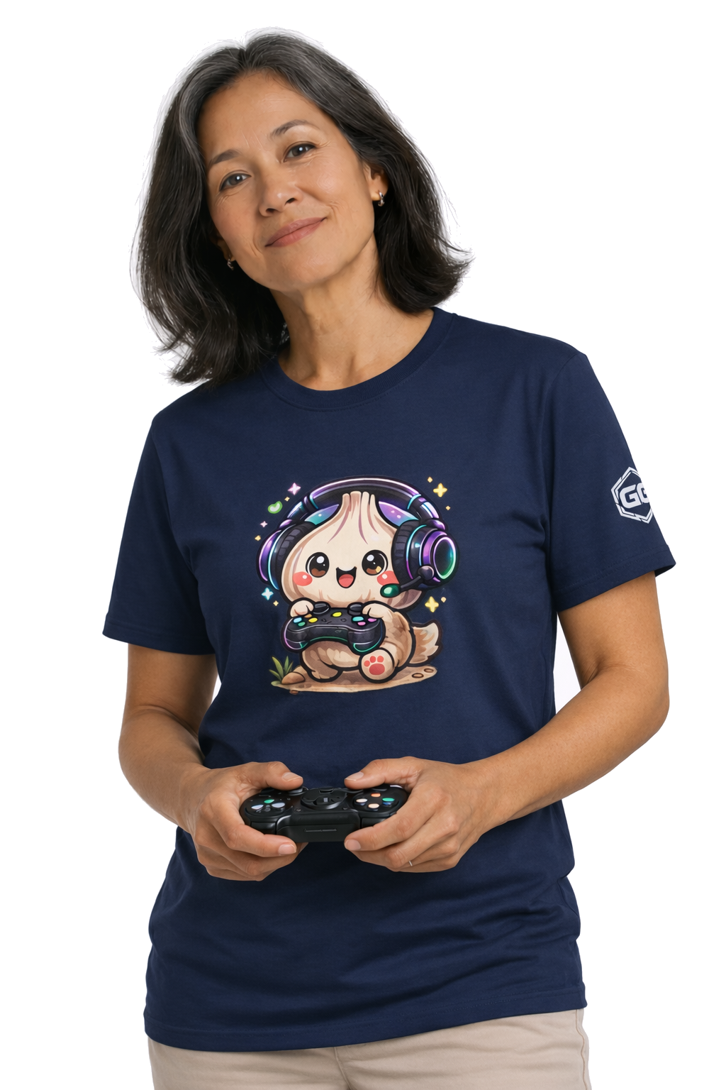model:9:f | Knoblauch Gamer – Lustiges Gaming T-Shirt – Modelfoto in Navy – Frau