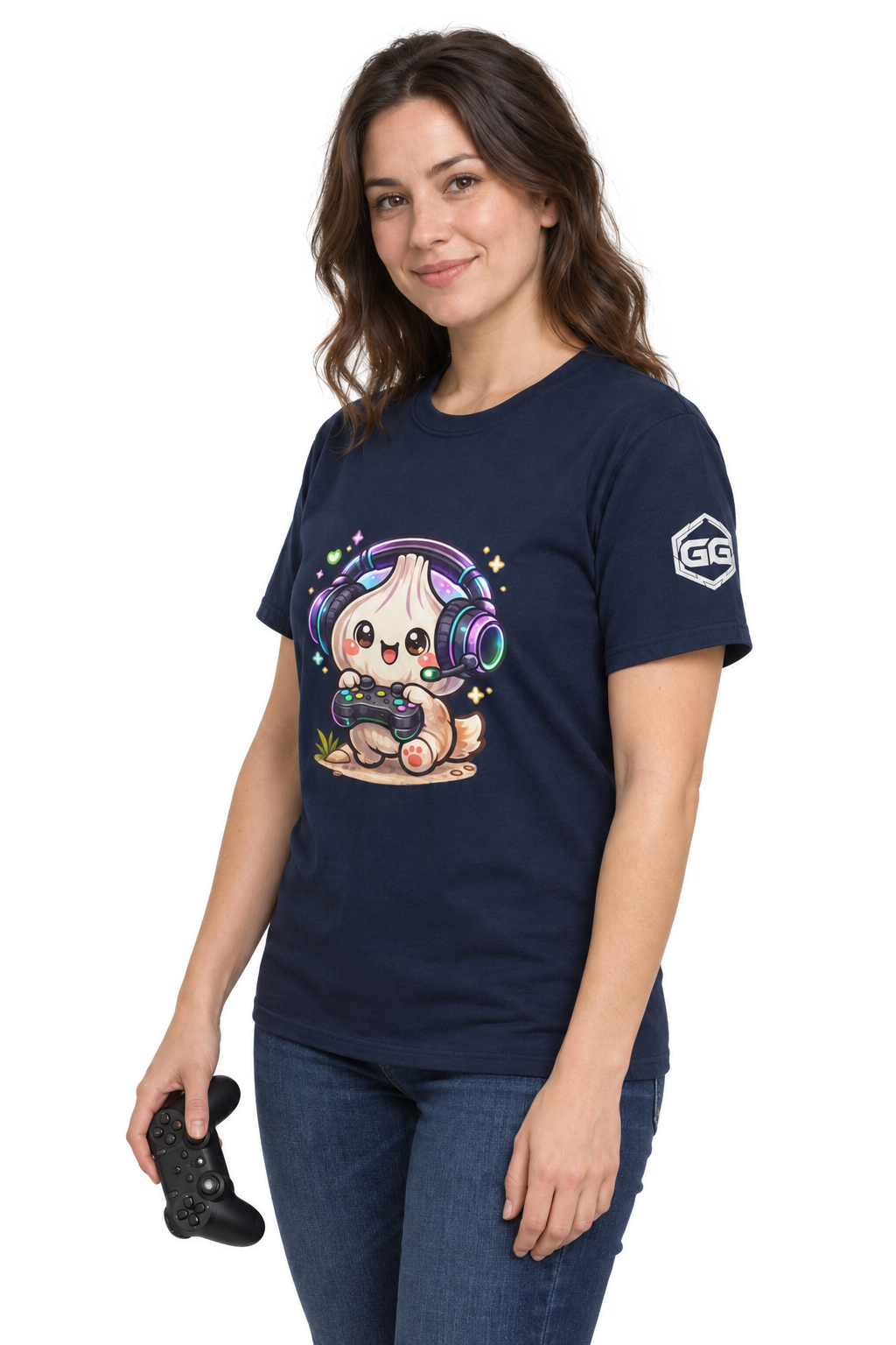 model:9:f | Knoblauch Gamer – Lustiges Gaming T-Shirt – Modelfoto in Navy – Frau