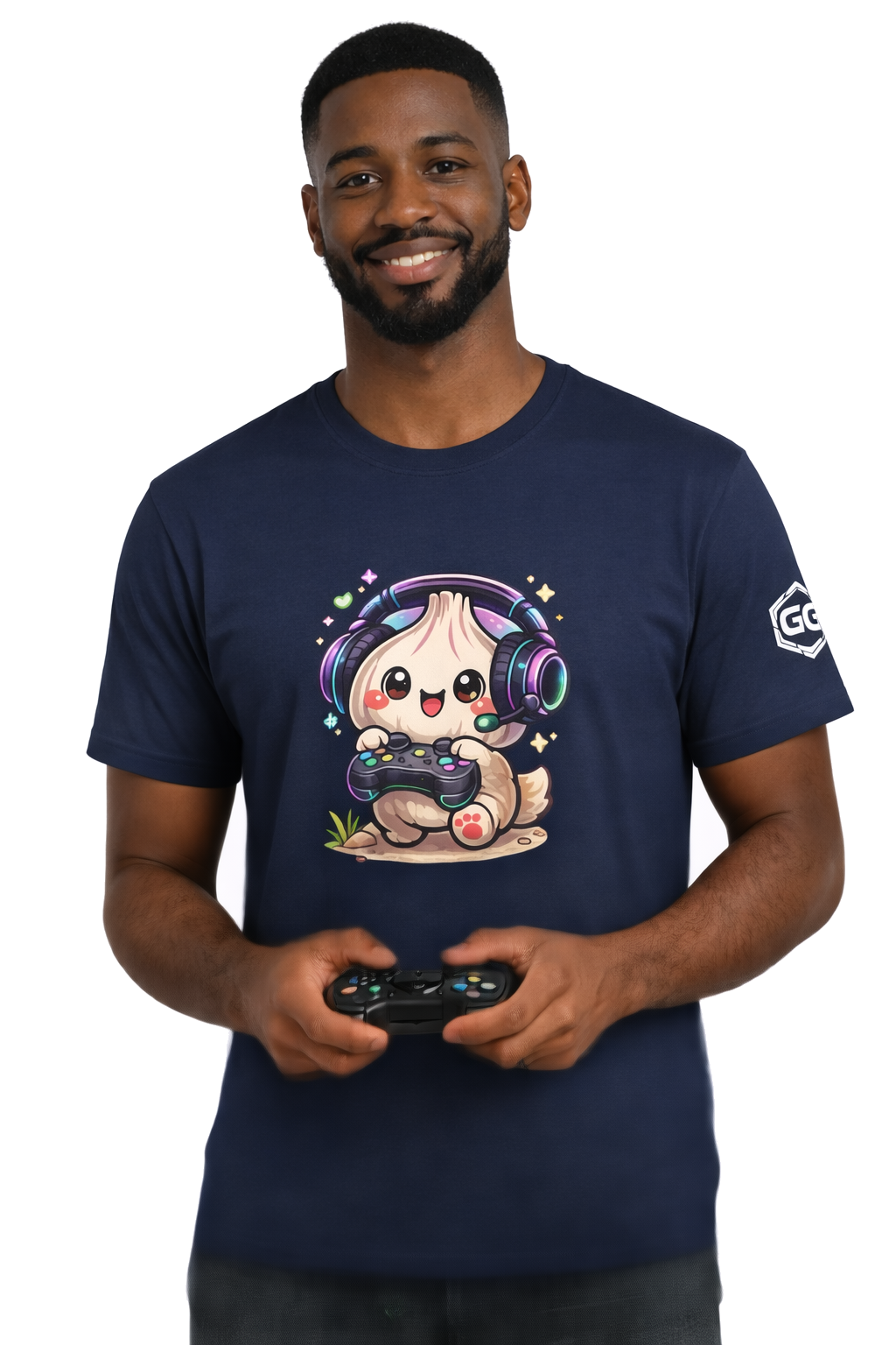model:9:m | Knoblauch Gamer – Lustiges Gaming T-Shirt – Modelfoto in Navy – Mann