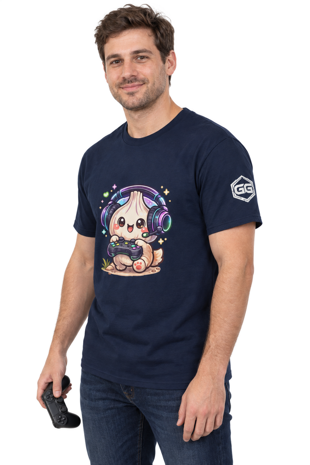 model:9:m | Knoblauch Gamer – Lustiges Gaming T-Shirt – Modelfoto in Navy – Mann