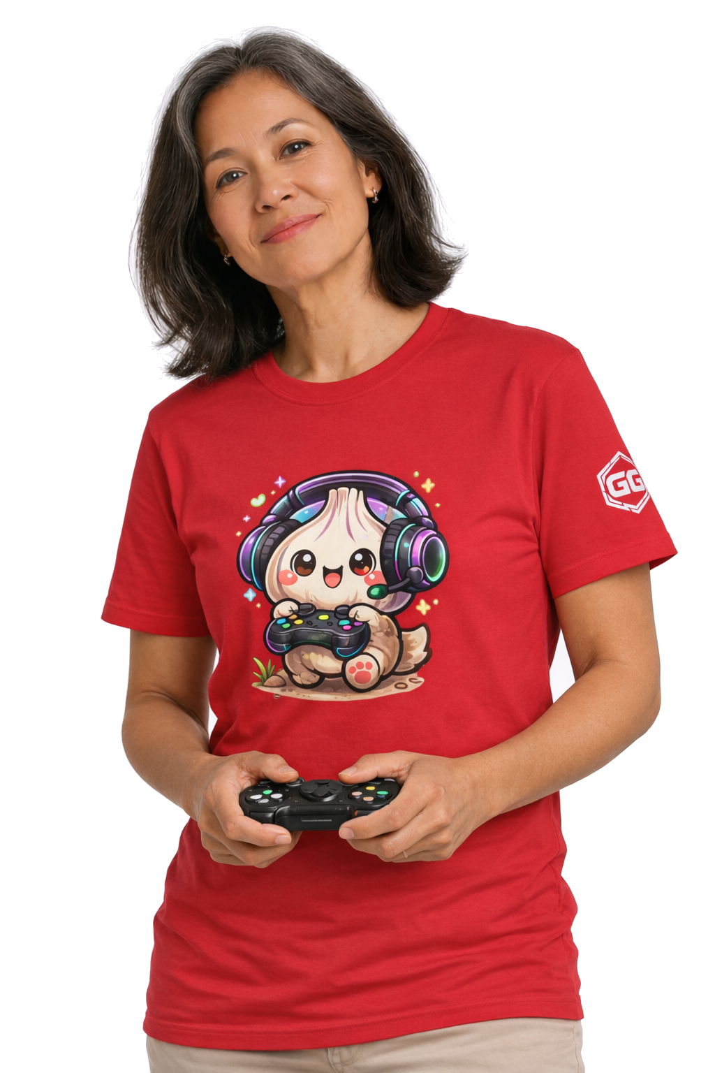 model:10:f | Knoblauch Gamer – Lustiges Gaming T-Shirt – Modelfoto in Rot – Frau
