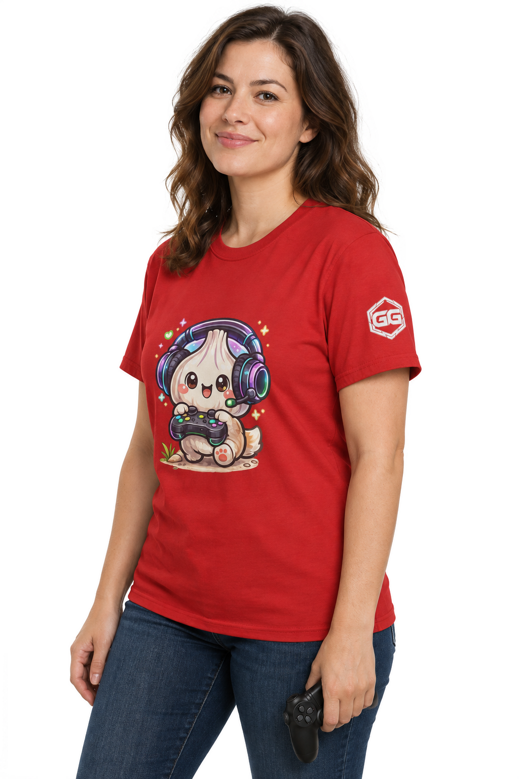 model:10:f | Knoblauch Gamer – Lustiges Gaming T-Shirt – Modelfoto in Rot – Frau