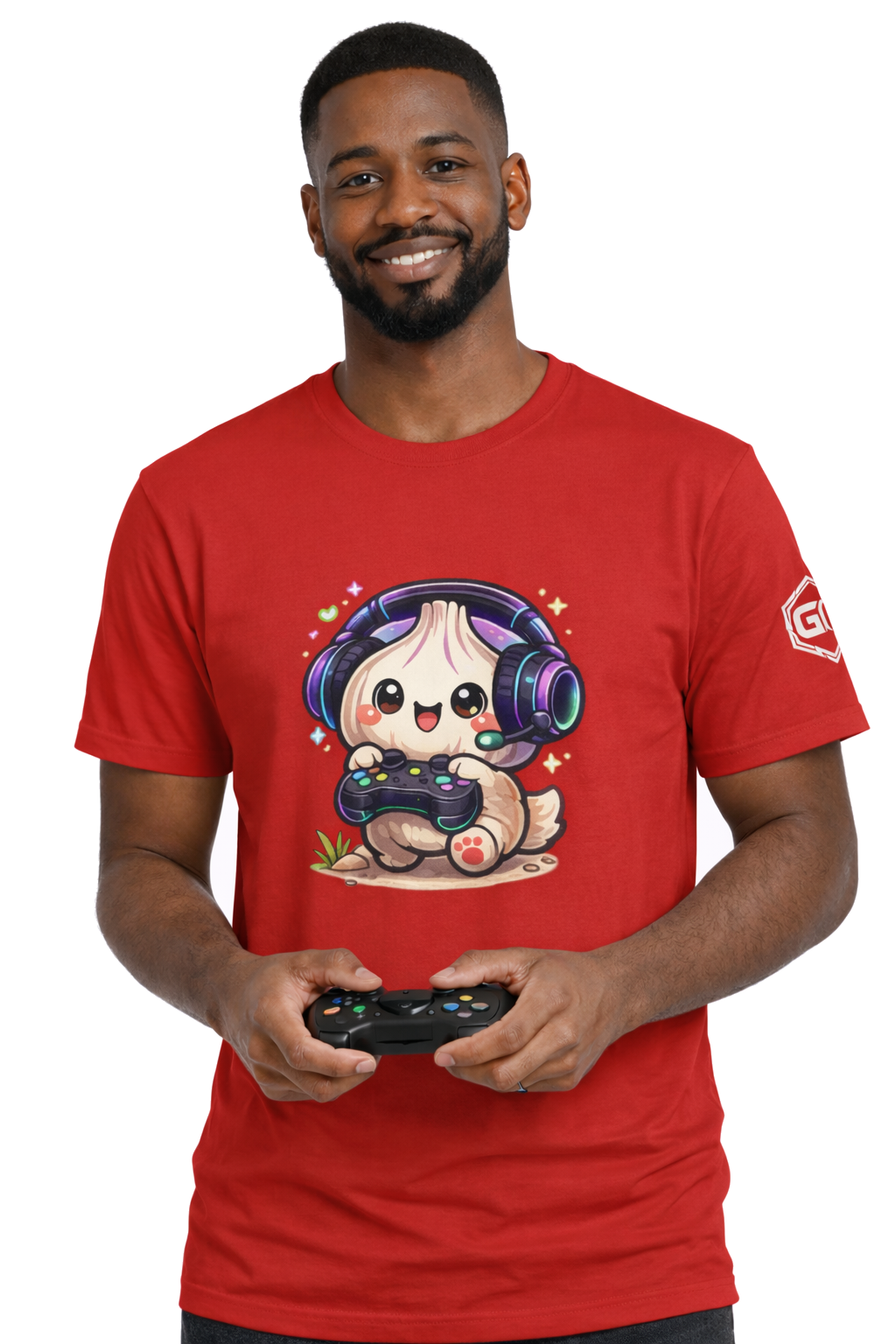 model:10:m | Knoblauch Gamer – Lustiges Gaming T-Shirt – Modelfoto in Rot – Mann