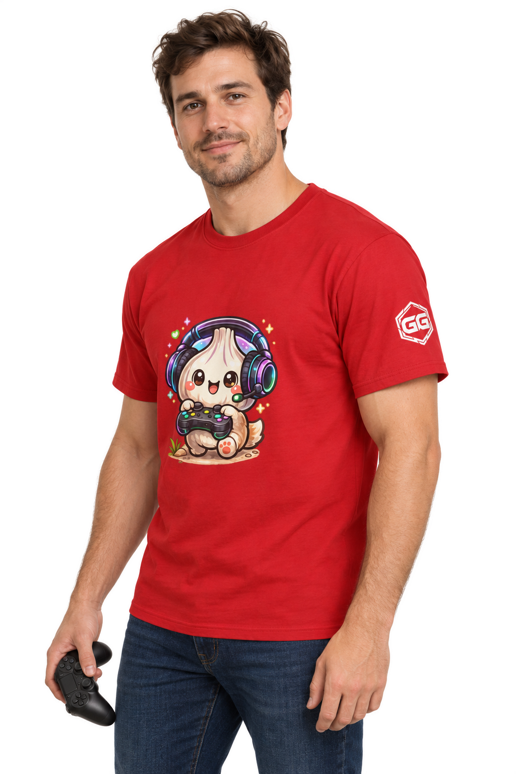 model:10:m | Knoblauch Gamer – Lustiges Gaming T-Shirt – Modelfoto in Rot – Mann