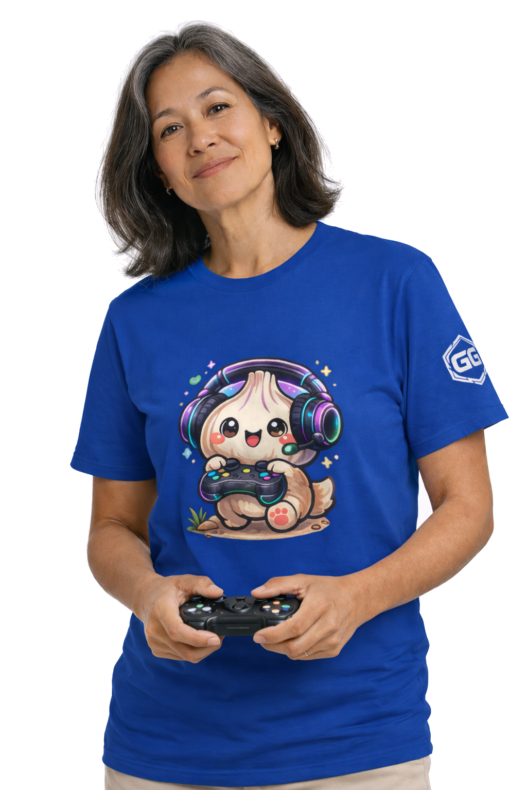 model:8:f | Knoblauch Gamer – Lustiges Gaming T-Shirt – Modelfoto in Royalblau – Frau