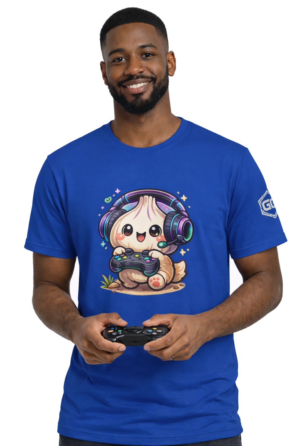 model:8:m | Knoblauch Gamer – Lustiges Gaming T-Shirt – Modelfoto in Royalblau – Mann