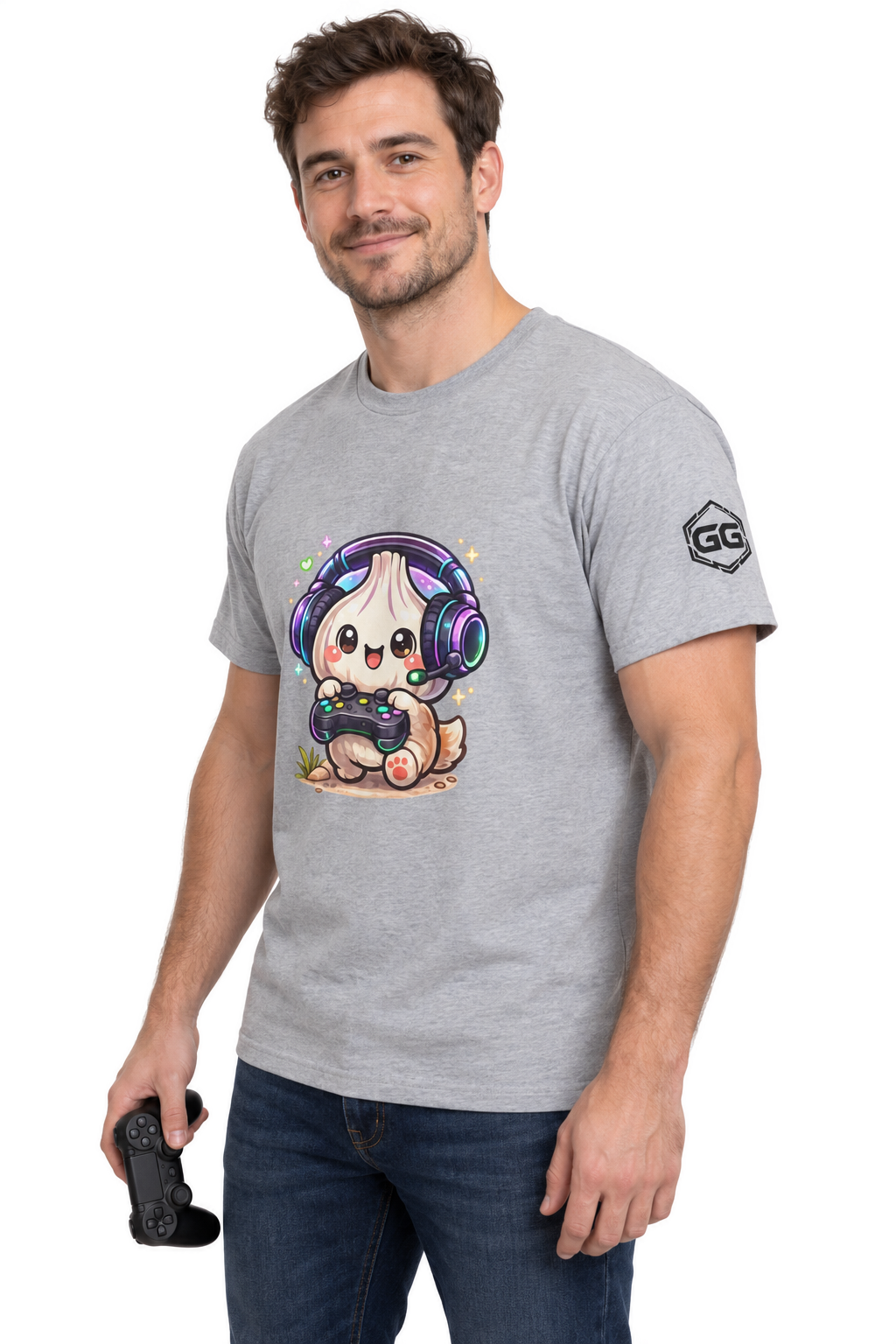 model:2:m | Knoblauch Gamer – Lustiges Gaming T-Shirt – Modelfoto in Sportgrau – Mann