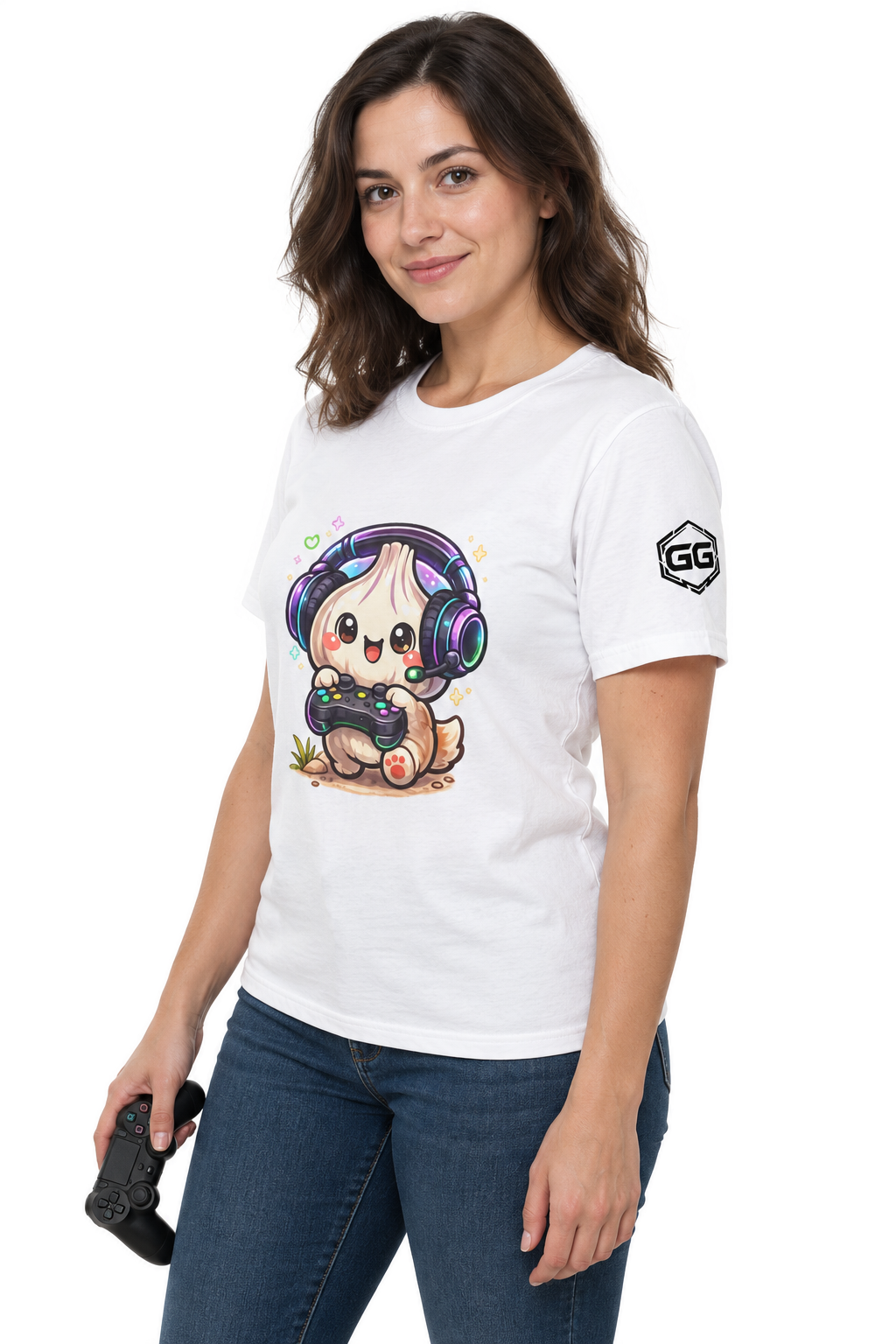 model:0:f | Knoblauch Gamer – Lustiges Gaming T-Shirt – Modelfoto in Weiß – Frau