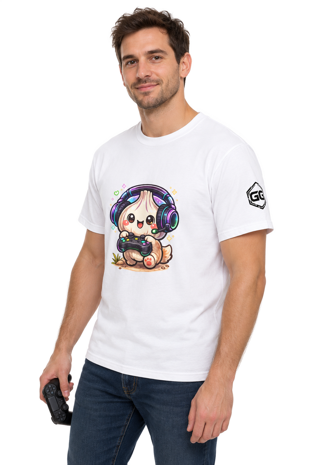 model:0:m | Knoblauch Gamer – Lustiges Gaming T-Shirt – Modelfoto in Weiß – Mann