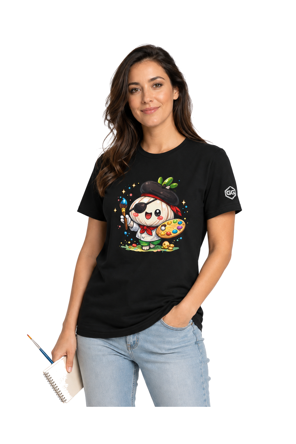 model:1:f | Garlic Artist T-Shirt – Model photo in Black – Woman
