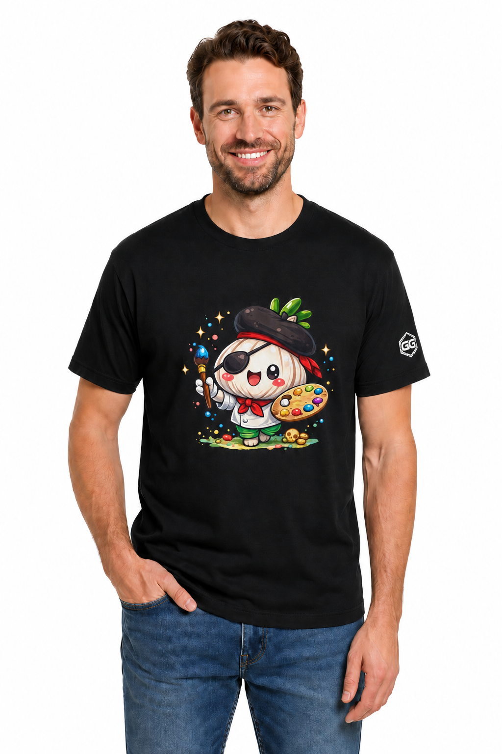 model:1:m | Garlic Artist T-Shirt – Model photo in Black – Man