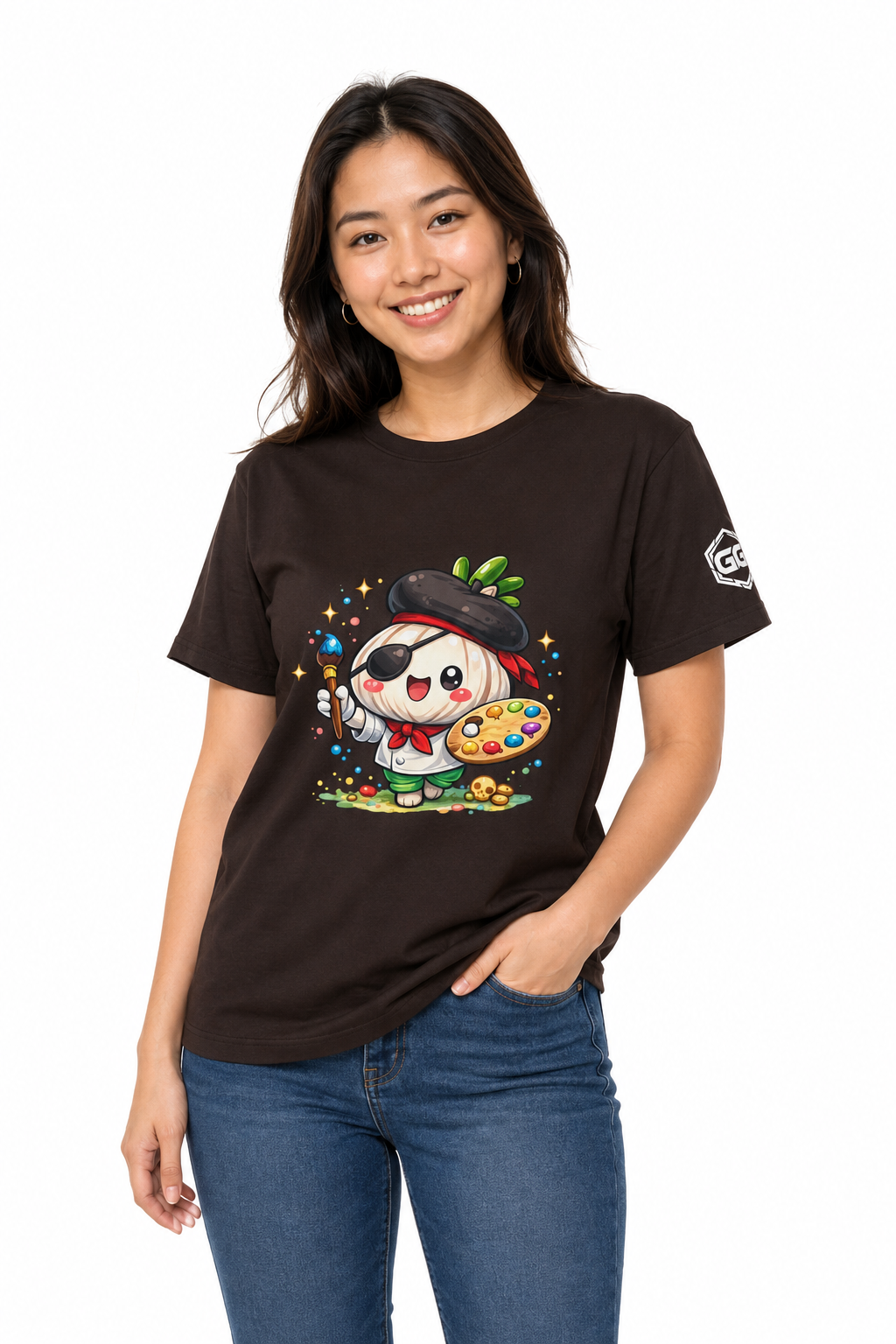 model:3:f | Garlic Artist T-Shirt – Model photo in Dark Chocolate – Woman