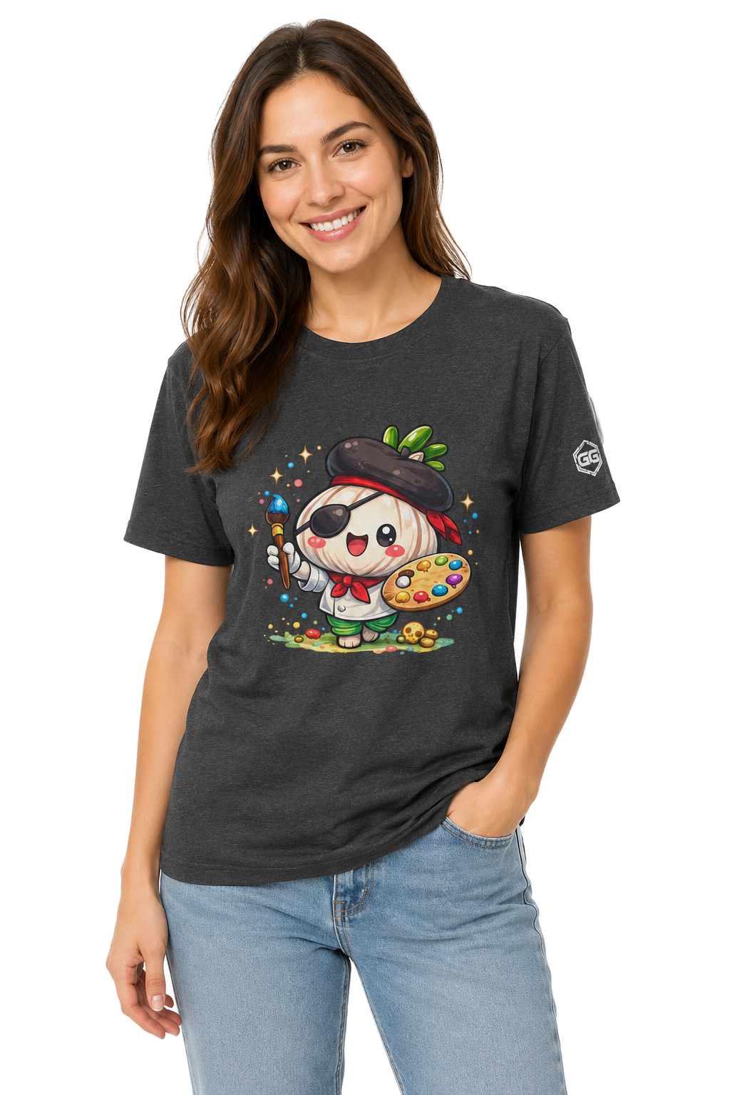 model:6:f | Garlic Artist T-Shirt – Model photo in Dark Heather – Woman