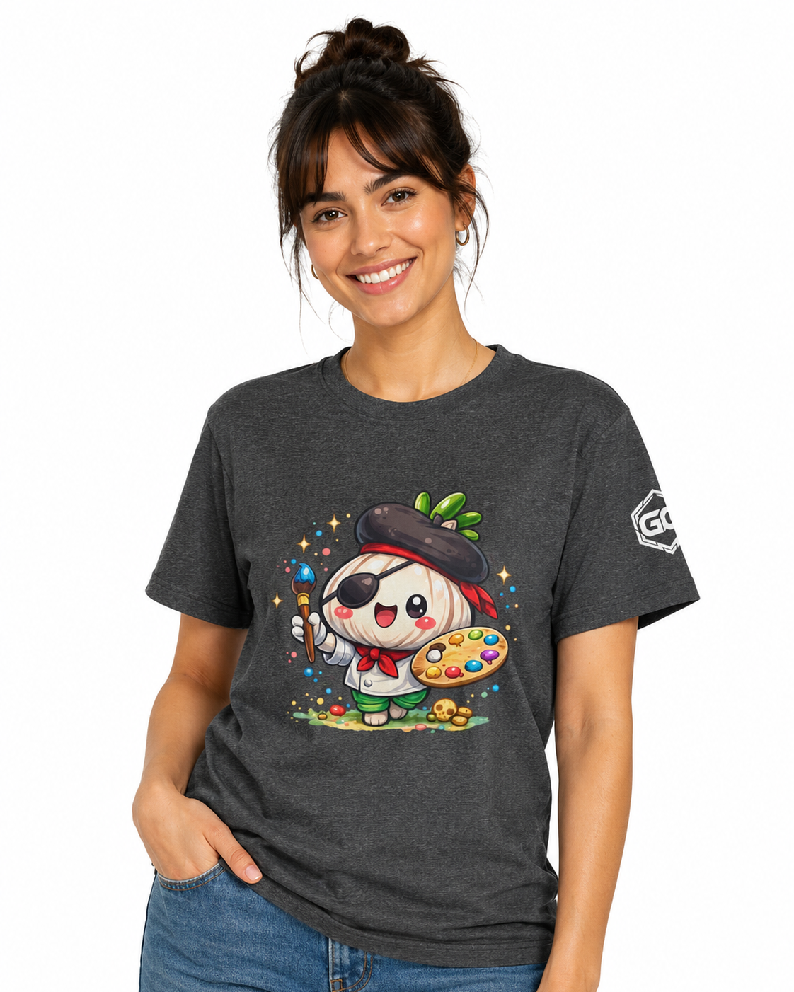 model:6:f | Garlic Artist T-Shirt – Model photo in Dark Heather – Woman