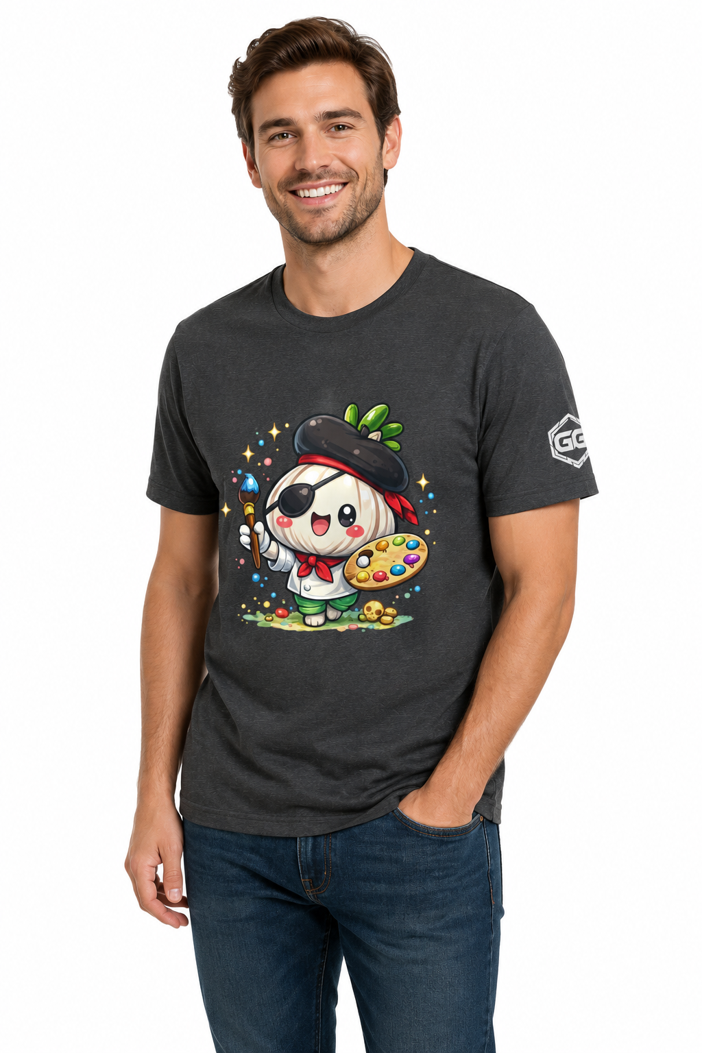 model:6:m | Garlic Artist T-Shirt – Model photo in Dark Heather – Man