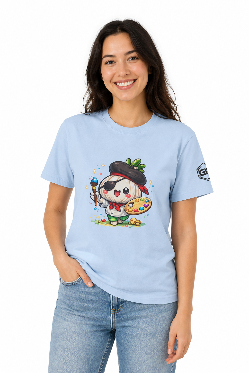 model:7:f | Garlic Artist T-Shirt – Model photo in Light Blue – Woman