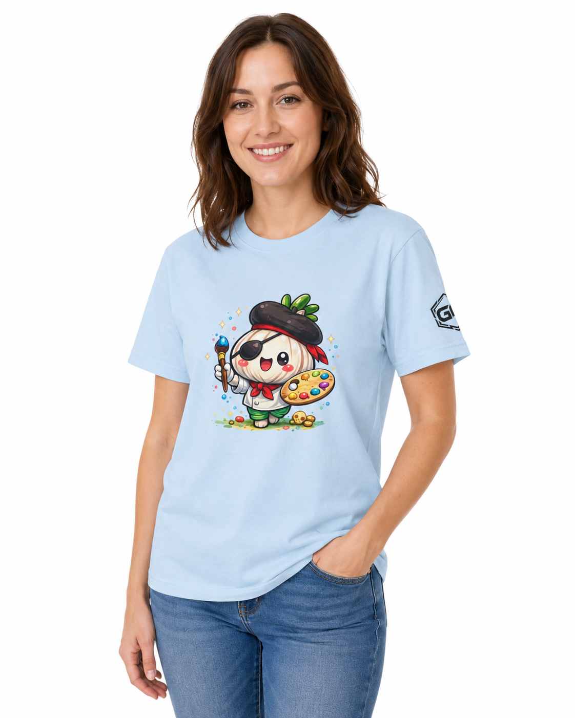 model:7:f | Garlic Artist T-Shirt – Model photo in Light Blue – Woman