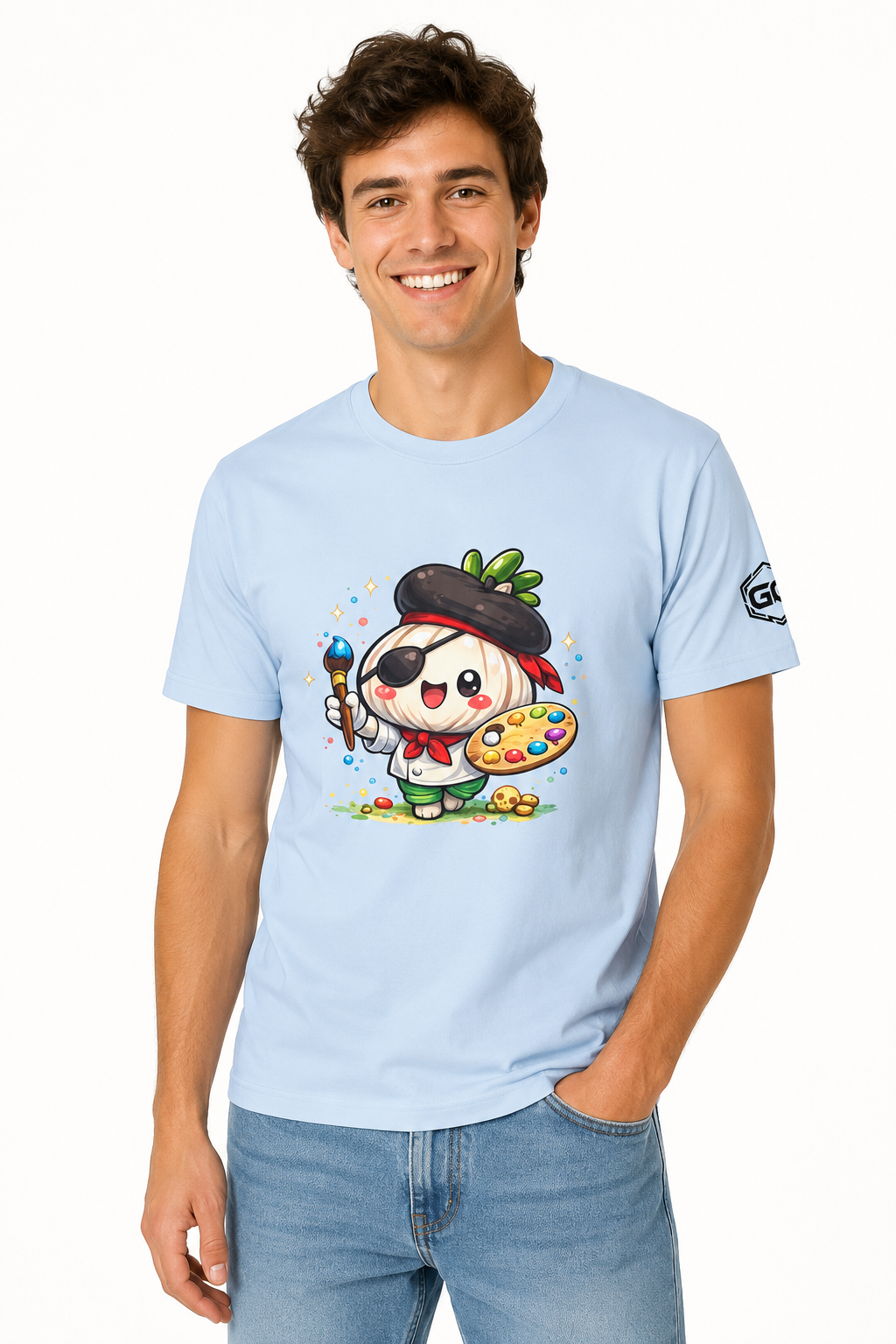model:7:m | Garlic Artist T-Shirt – Model photo in Light Blue – Man