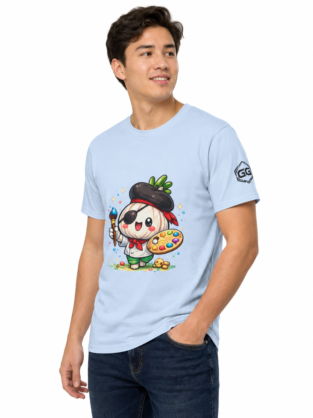 model:7:m | Garlic Artist T-Shirt – Model photo in Light Blue – Man