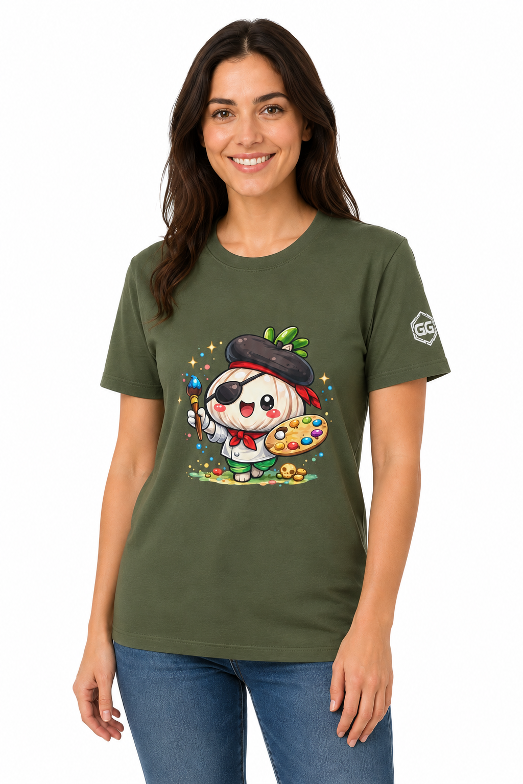 model:5:f | Garlic Artist T-Shirt – Model photo in Military Green – Woman