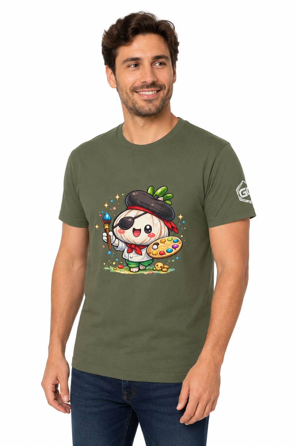 model:5:m | Garlic Artist T-Shirt – Model photo in Military Green – Man