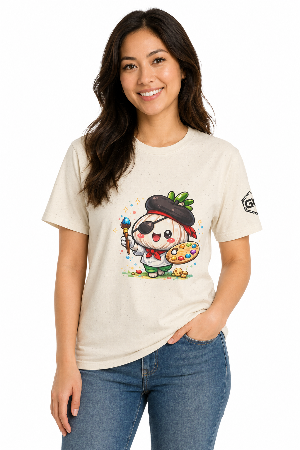 model:4:f | Garlic Artist T-Shirt – Model photo in Natural – Woman