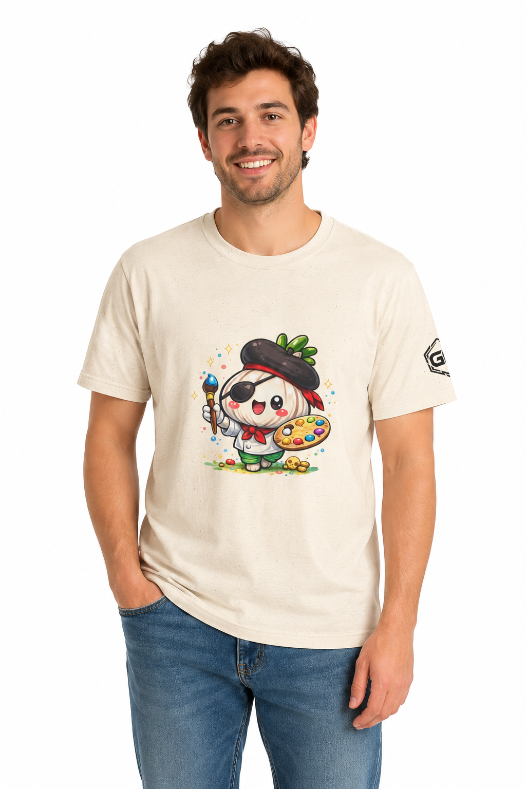 model:4:m | Garlic Artist T-Shirt – Model photo in Natural – Man