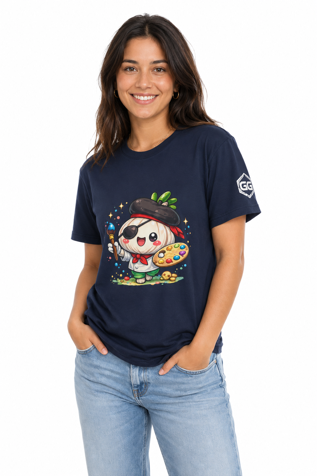 model:9:f | Garlic Artist T-Shirt – Model photo in Navy – Woman