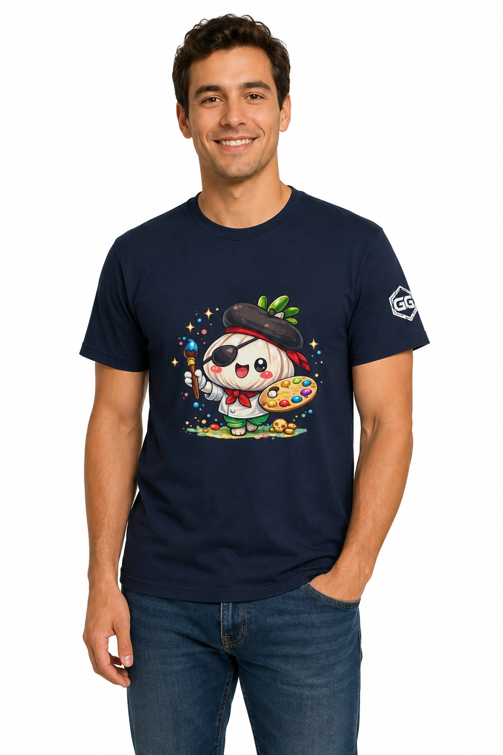 model:9:m | Garlic Artist T-Shirt – Model photo in Navy – Man