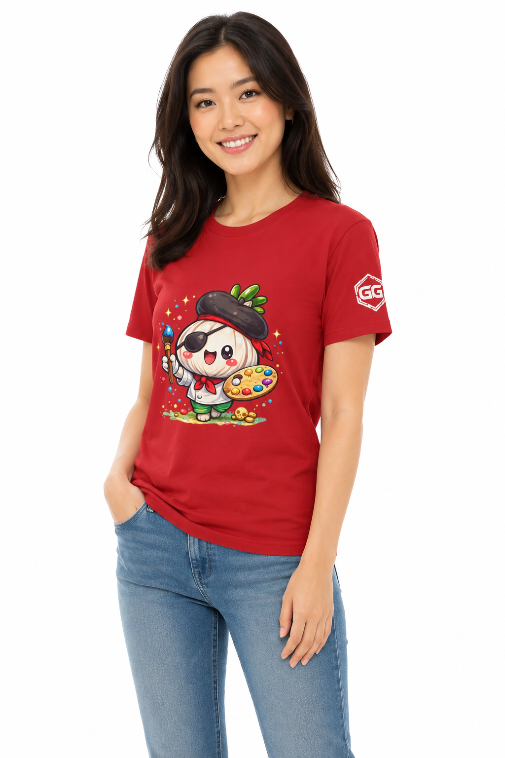 model:10:f | Garlic Artist T-Shirt – Model photo in Red – Woman