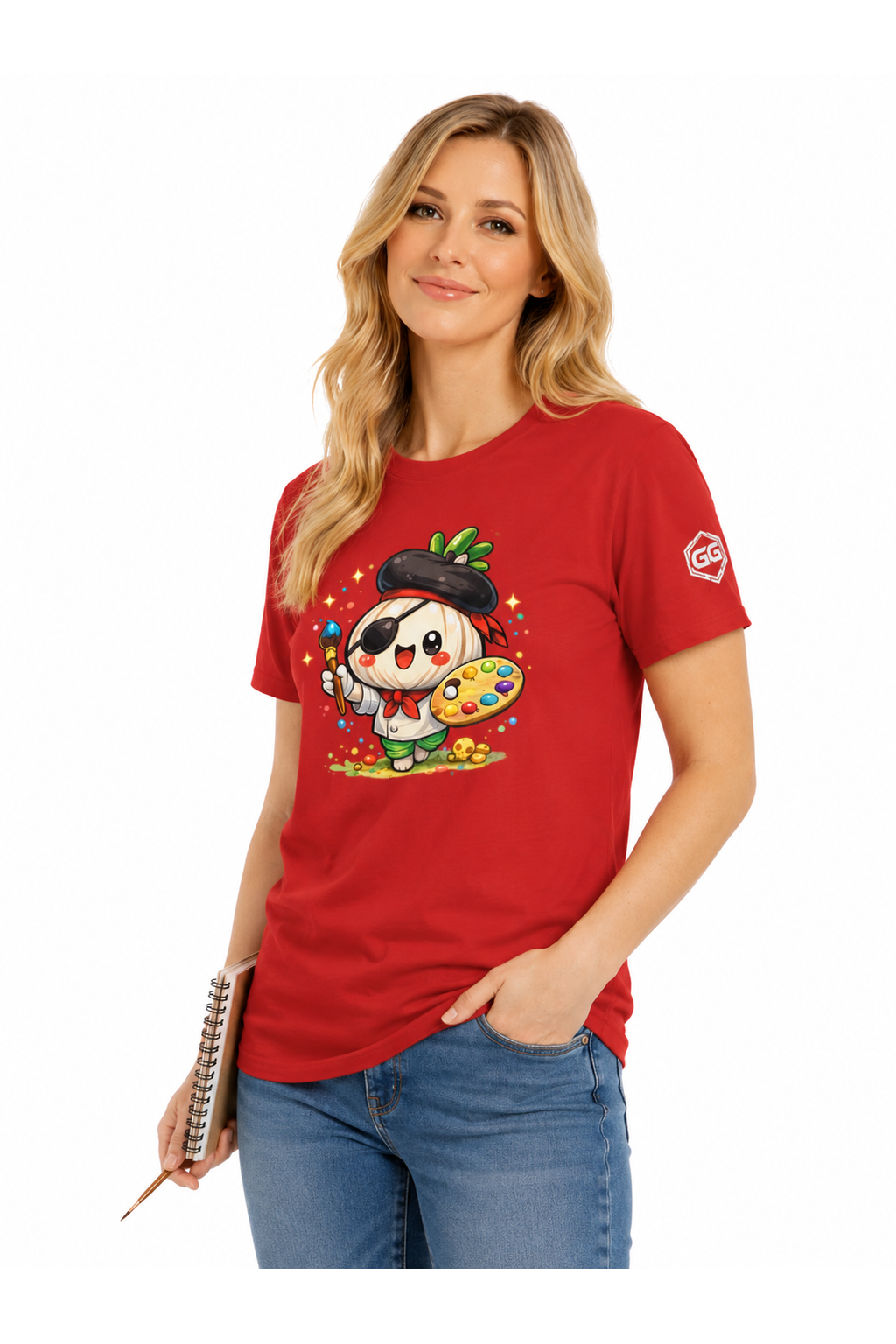 model:10:f | Garlic Artist T-Shirt – Model photo in Red – Woman
