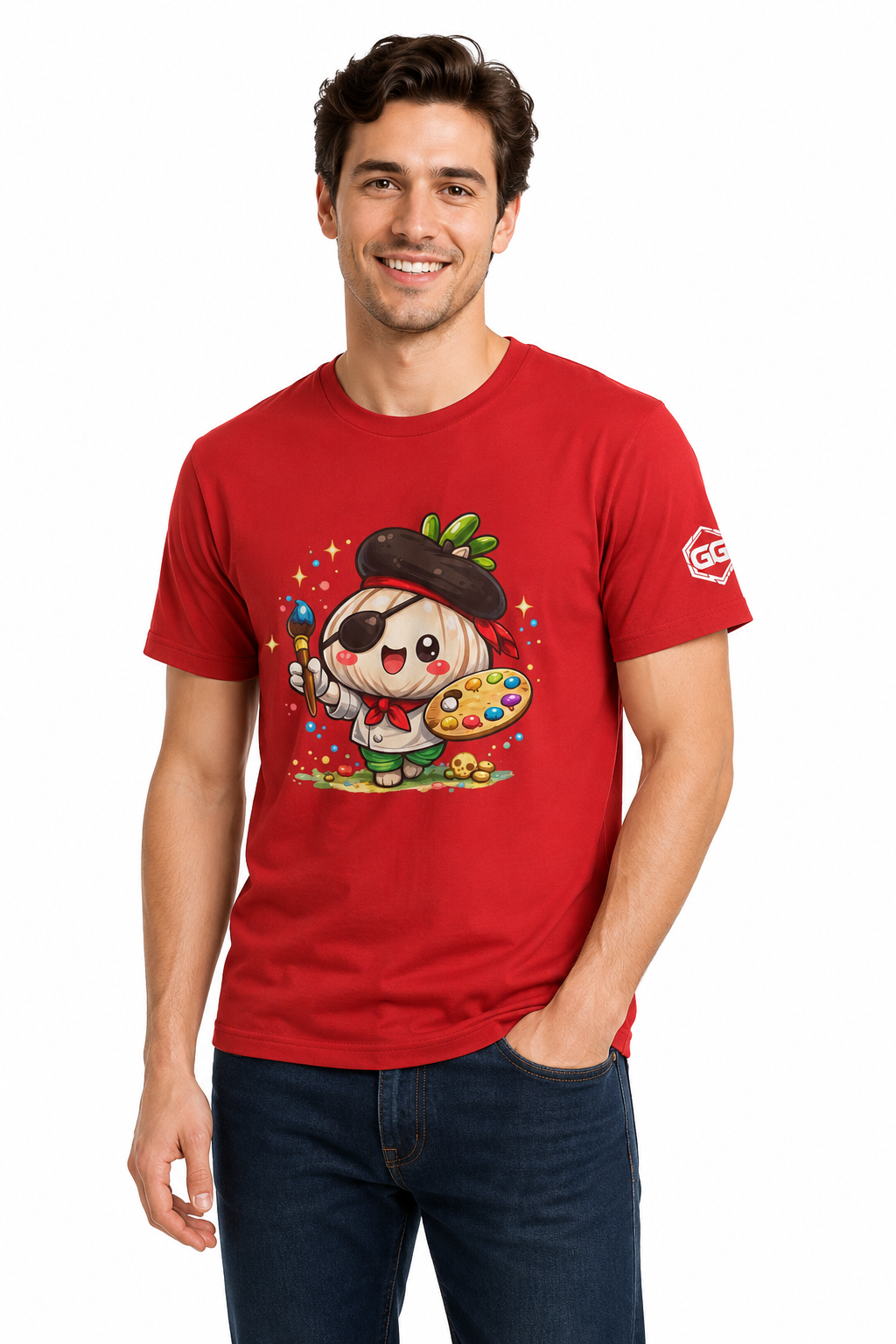 model:10:m | Garlic Artist T-Shirt – Model photo in Red – Man
