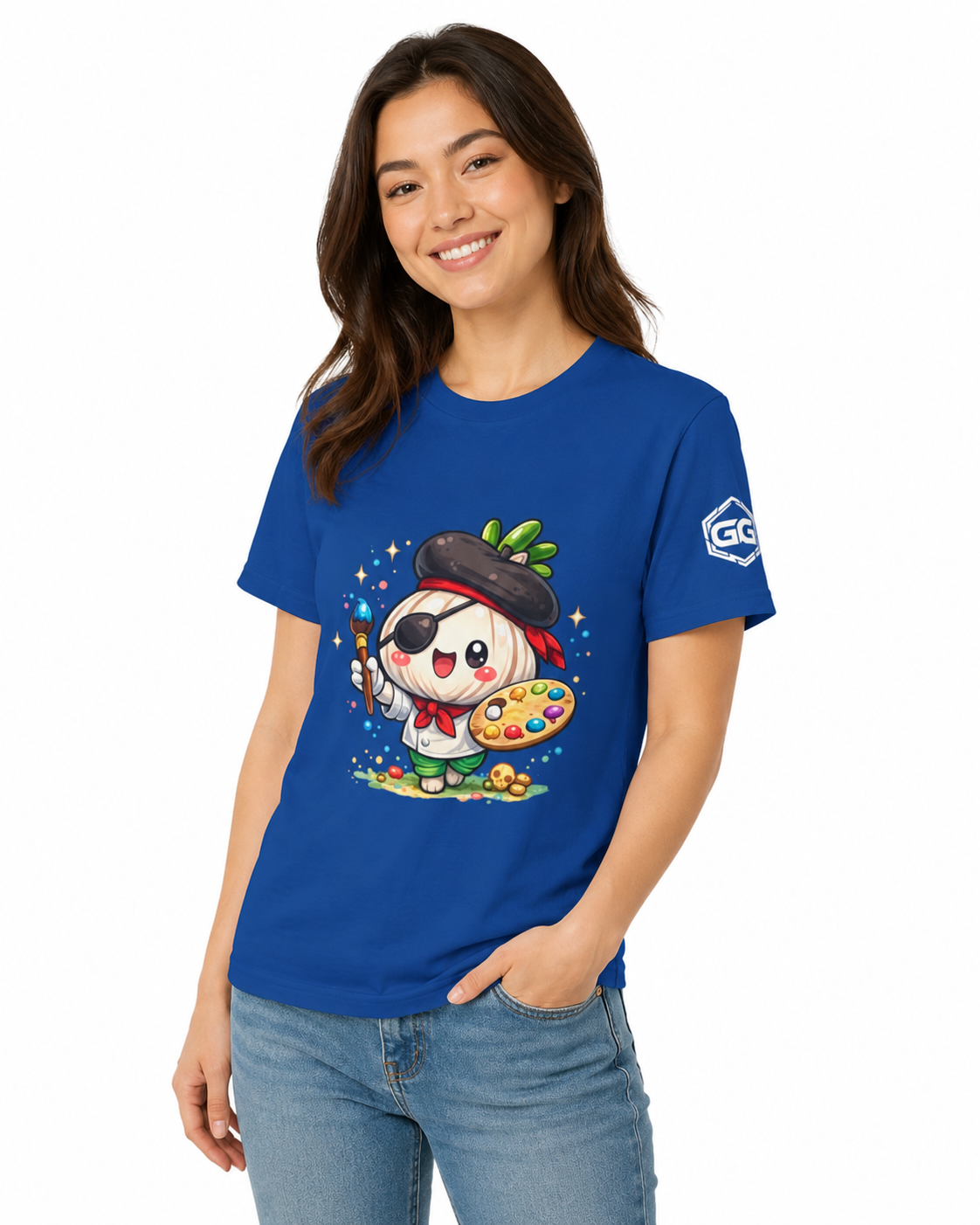 model:8:f | Garlic Artist T-Shirt – Model photo in Royal – Woman