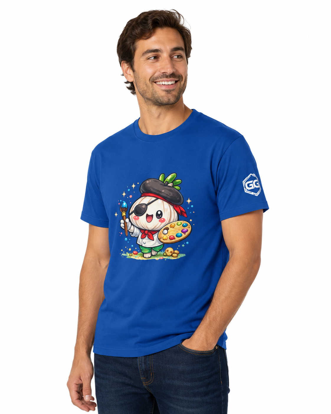 model:8:m | Garlic Artist T-Shirt – Model photo in Royal – Man