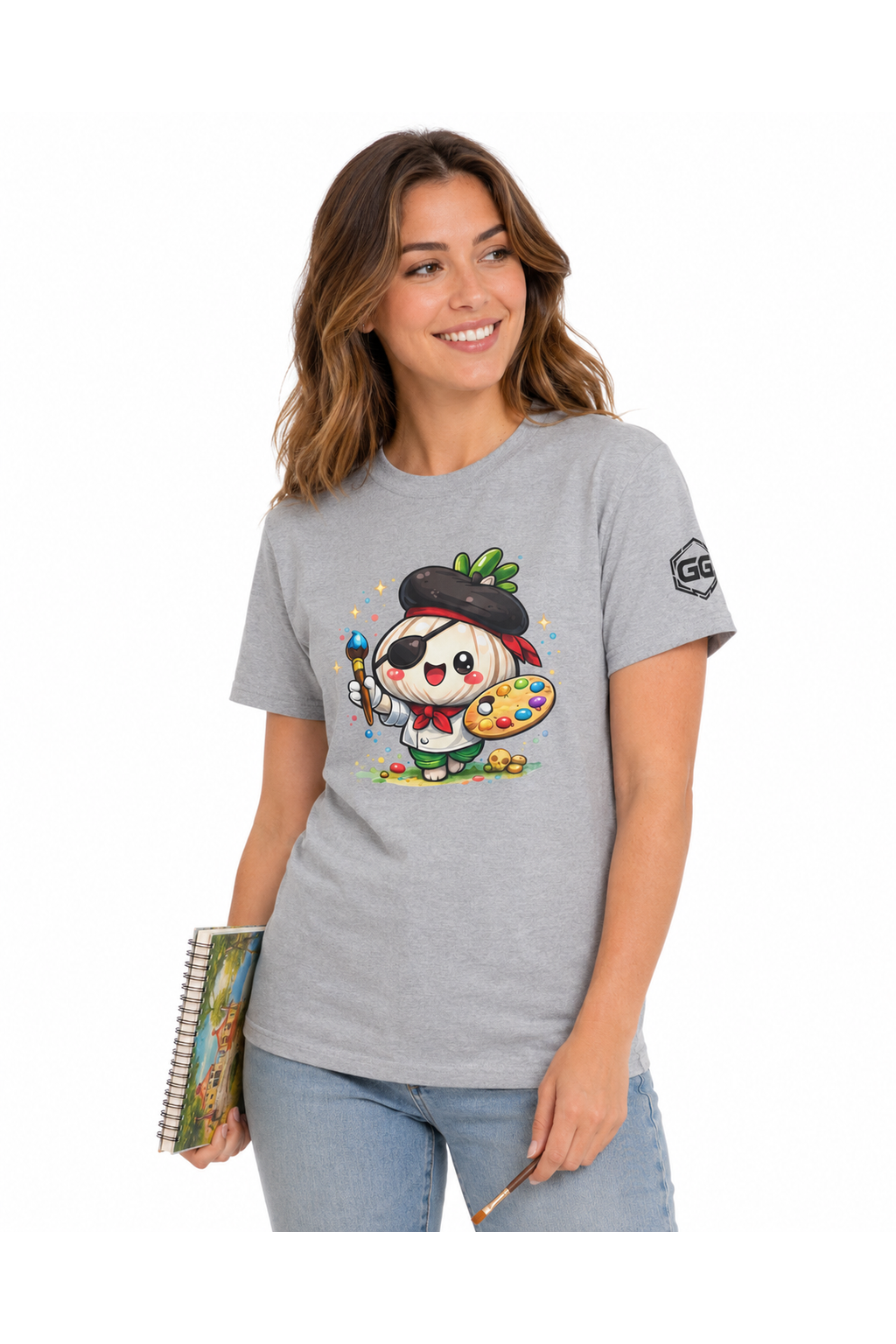 model:2:f | Garlic Artist T-Shirt – Model photo in Sport Grey – Woman
