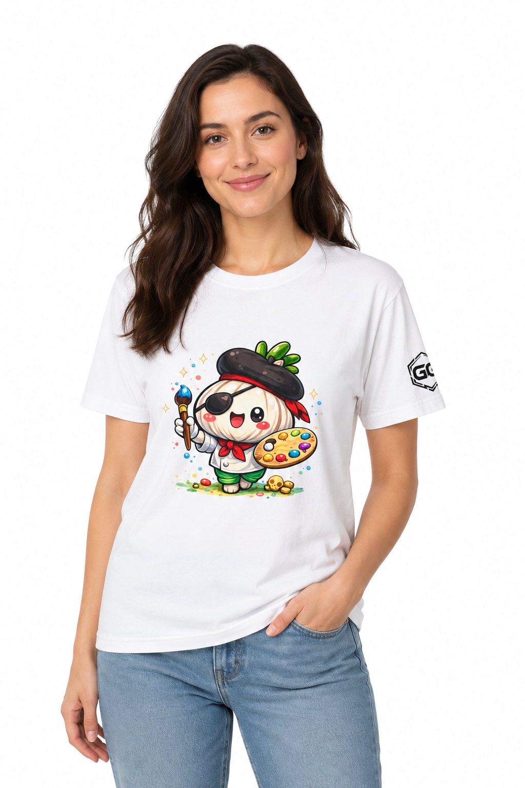 model:0:f | Garlic Artist T-Shirt – Model photo in White – Woman