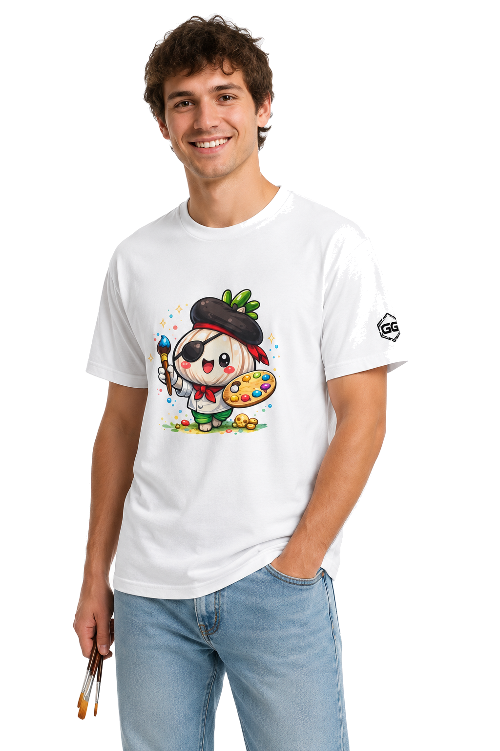 model:0:m | Garlic Artist T-Shirt – Model photo in White – Man