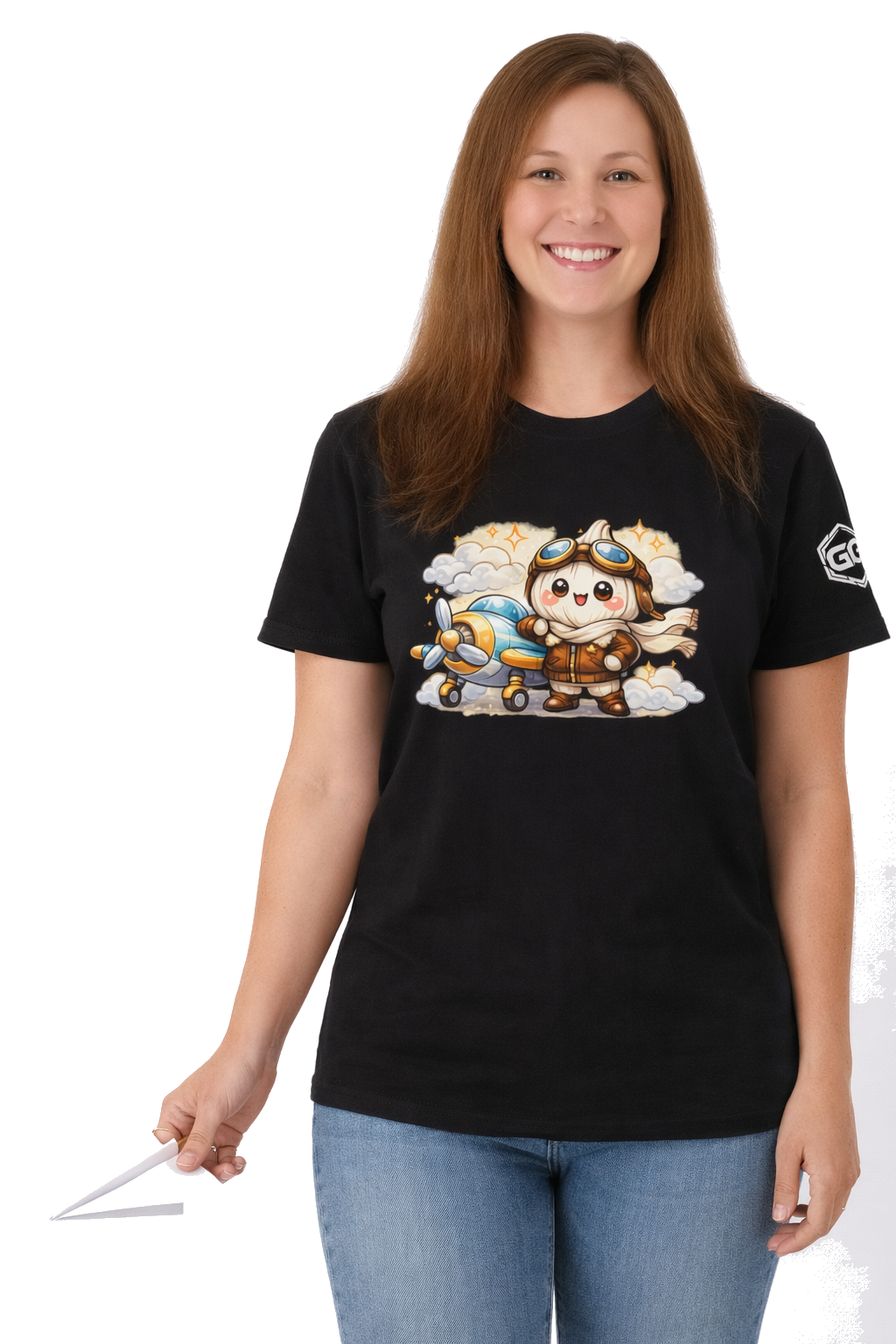 model:1:f | Knoblauch Pilot T-Shirt – Model photo in Black – Woman